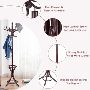 Coat Rack, Free Standing Coat Rack, Solid Wood Coat Tree w/ 12 Hooks & Umbrella Holder, Solid Wood Structure, Stable Base, Standing Rack for Hallway