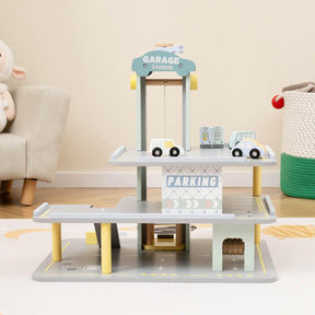3-Tier Wooden Garage Playset, Pretend Play Parking Lot w/Working Elevator, Helipad, Ramp, Car Wash Center, Charging & Gas Station