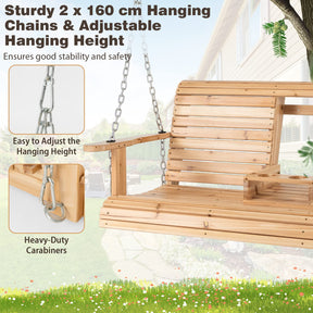 Hanging Porch Swing, 2-seat Wood Swing Bench W/Folding Cup Holder and Sturdy Metal Hanging Chains