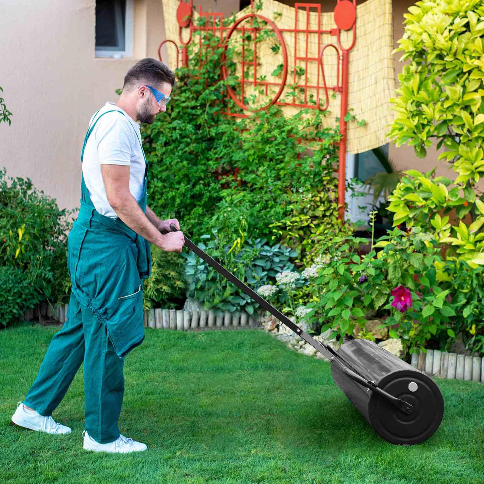 Metal Lawn Roller, Push/Tow-Behind Lawn Roller, 63L Water/Sand-Filled Sod Roller with Detachable Gripping Handle