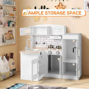 HONEY JOY Kids Corner Kitchen Playset, Wooden Play Kitchen Toy Set w/Realistic Microwave, Oven