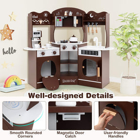 Corner Wooden Play Kitchen with Lights Sounds and Accessories