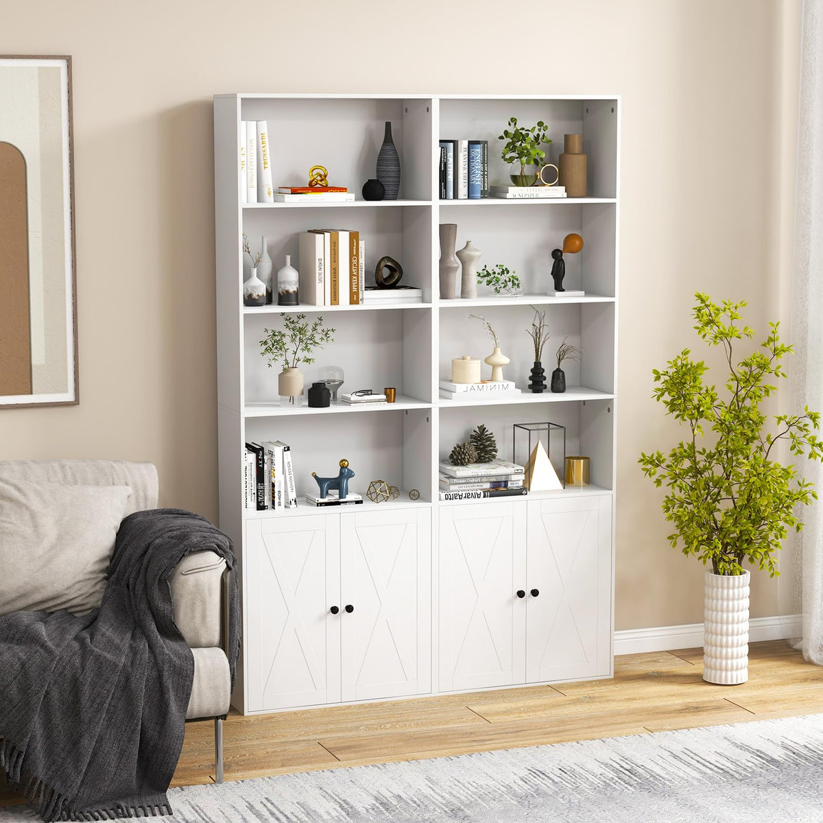Farmhouse Bookcase with Doors, 180cm Freestanding Bookshelf with 6 Shelves & 2-Door Cabinet