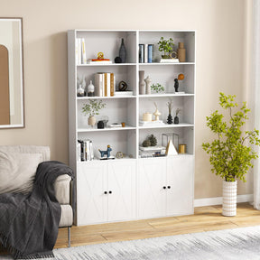 Farmhouse Bookcase with Doors, 180cm Freestanding Bookshelf with 6 Shelves & 2-Door Cabinet