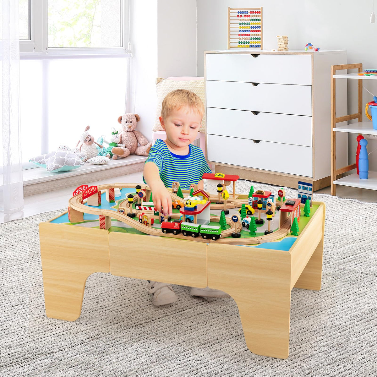 HONEY JOY Wooden Train Table Set