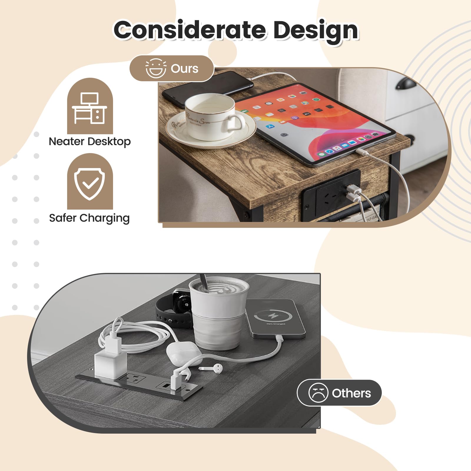 Giantex C Shaped End Table Set of 2, Sofa Side Table with Charging Station & Side Storage Bag