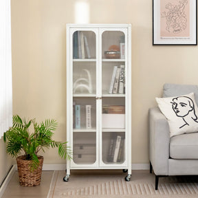 Giantex Glass Doors Storage Cabinet w/Wheels, Mobile 2 Doors Food Pantry Cupboard Cabinet