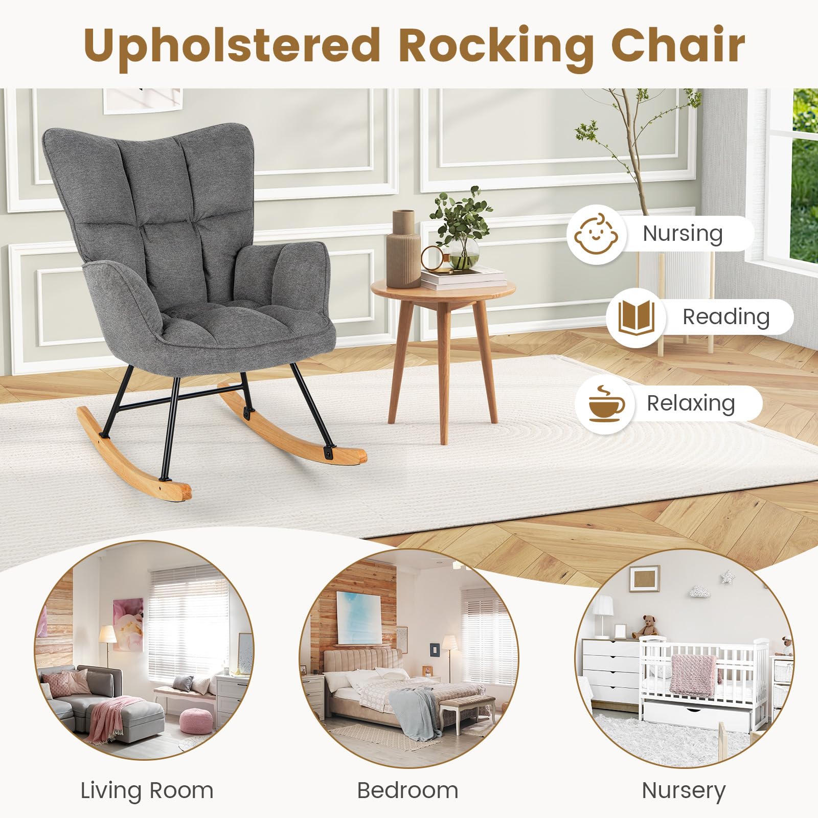 Giantex Linen Rocking Chair, Modern Accent Chair with Backrest, Padded Armrests & Seat
