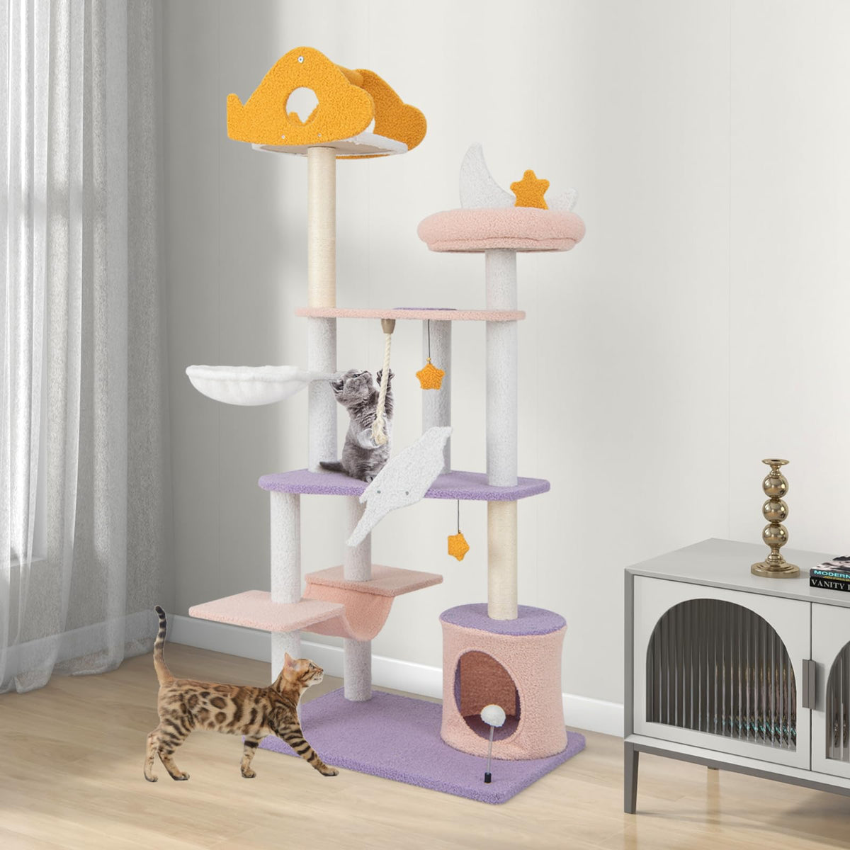 Cute Cat Tree for Indoor Cats, 167cm Multi-Level Tall Cat Tower, Purple