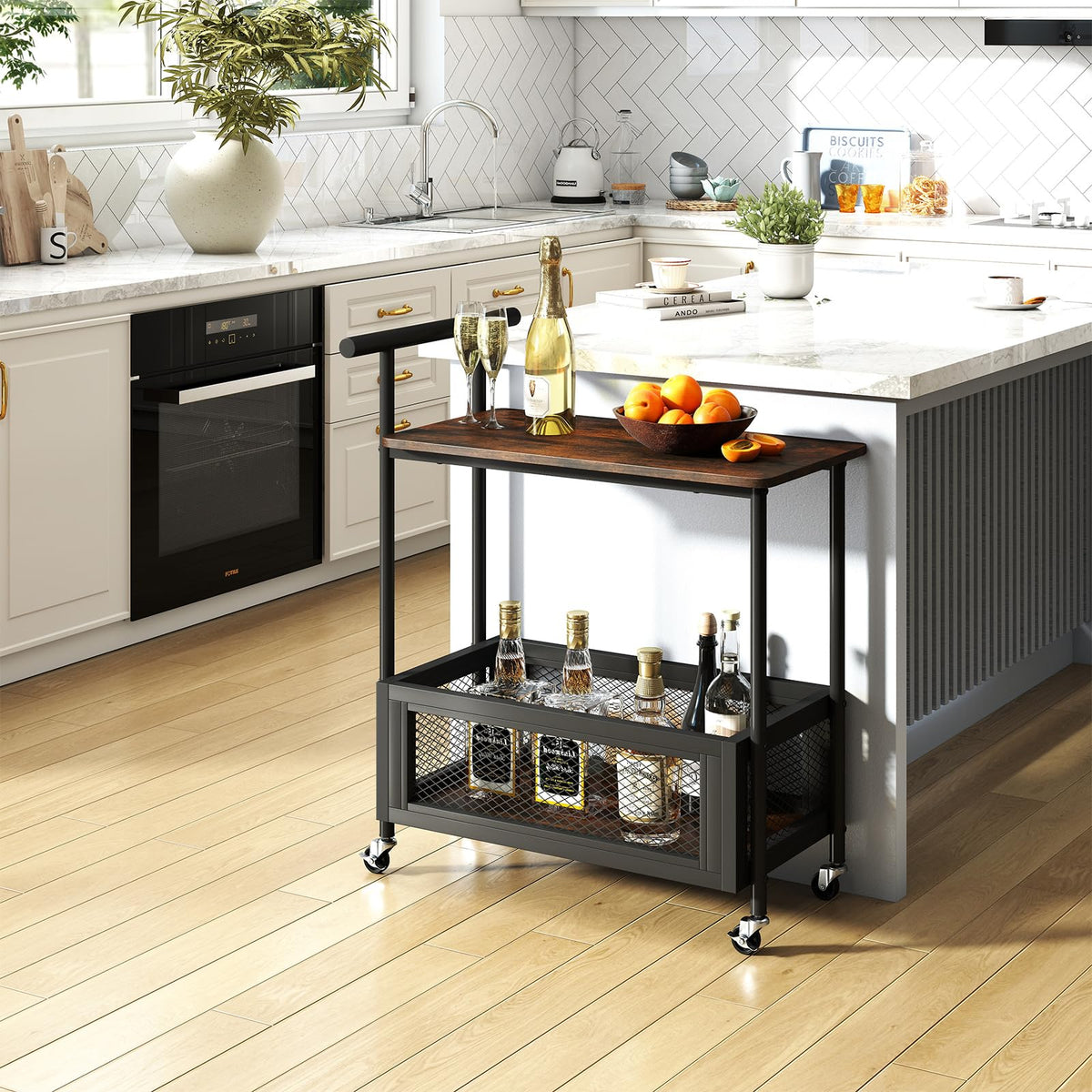 Rolling End Table with Handle, 2-Tier Sofa Side Table with Open Shelf & Mesh Basket