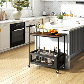 Rolling End Table with Handle, 2-Tier Sofa Side Table with Open Shelf & Mesh Basket