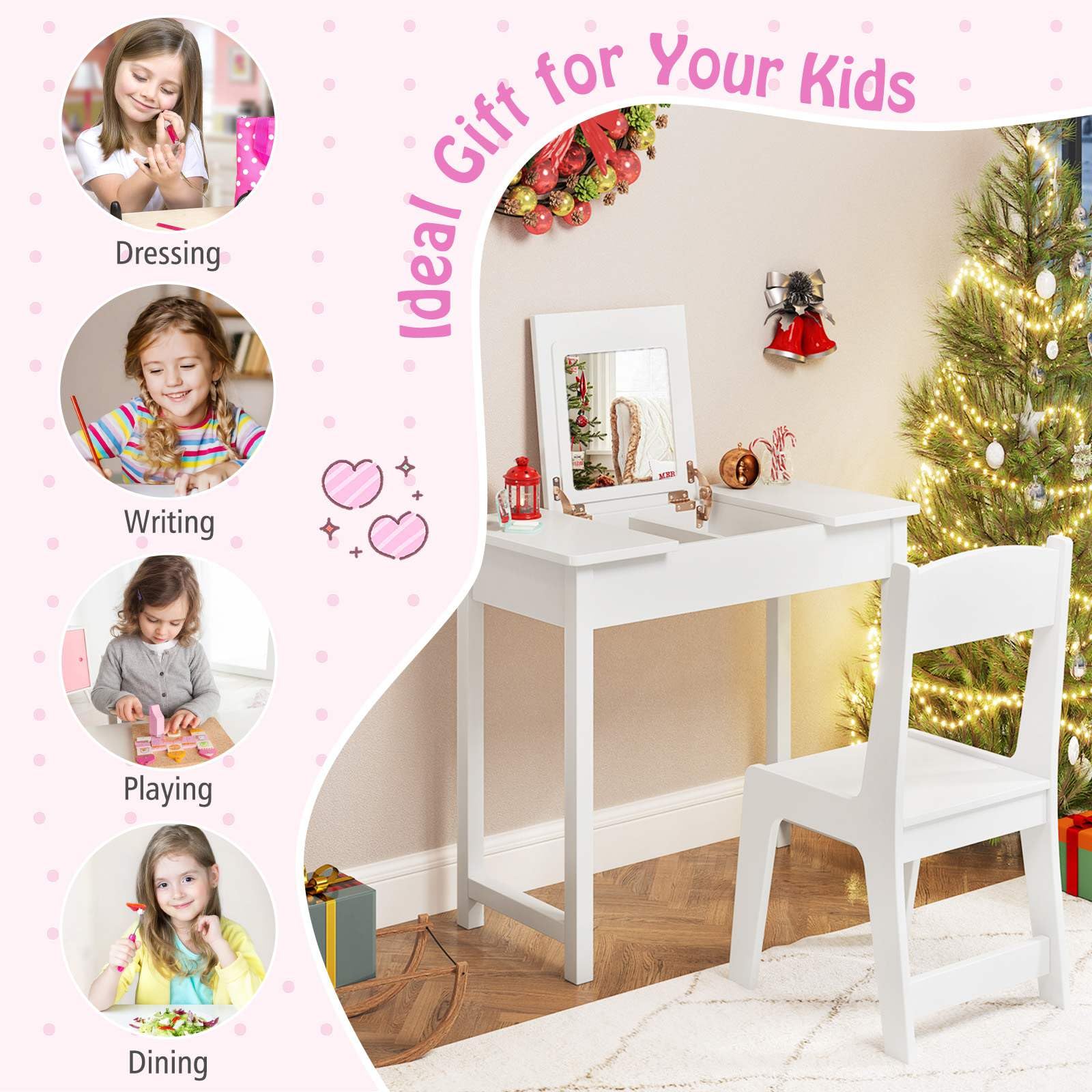 2 in 1 Kids Vanity Set with Flip Top Mirror Makeup Dressing Table & Chair Set