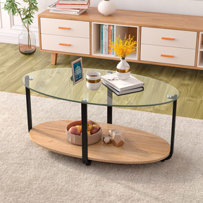 Giantex 2-Tier Coffee Table, Oval Modern Side Table with Tempered Glass Tabletop & Wooden Shelf