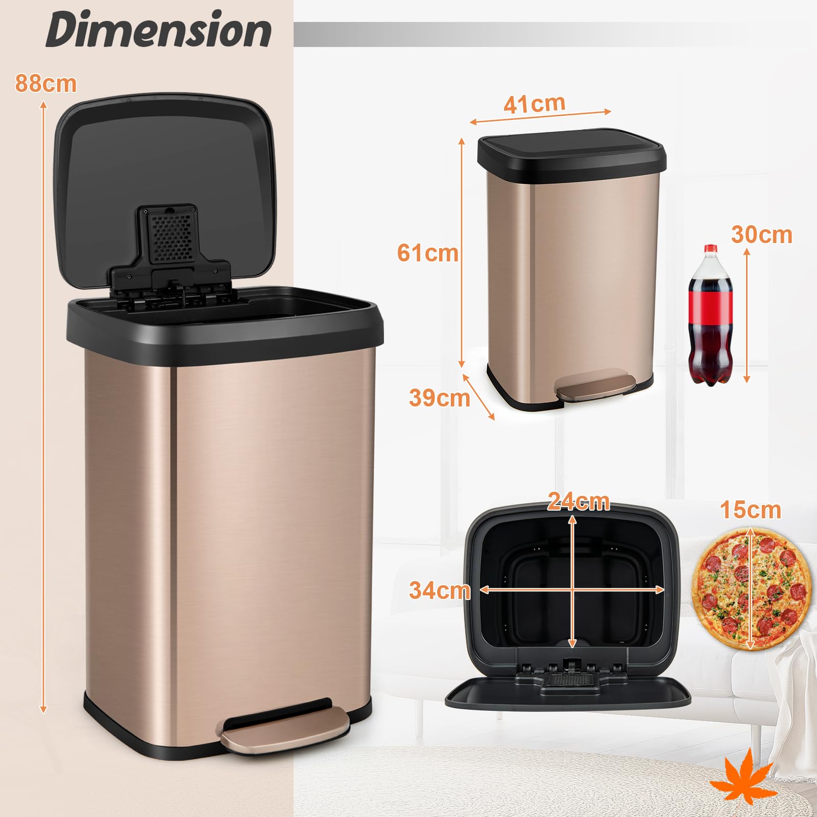 Giantex 50L Step Trash Can Stainless Steel Garbage Bin with Soft Close Lid & Deodorizer Compartment