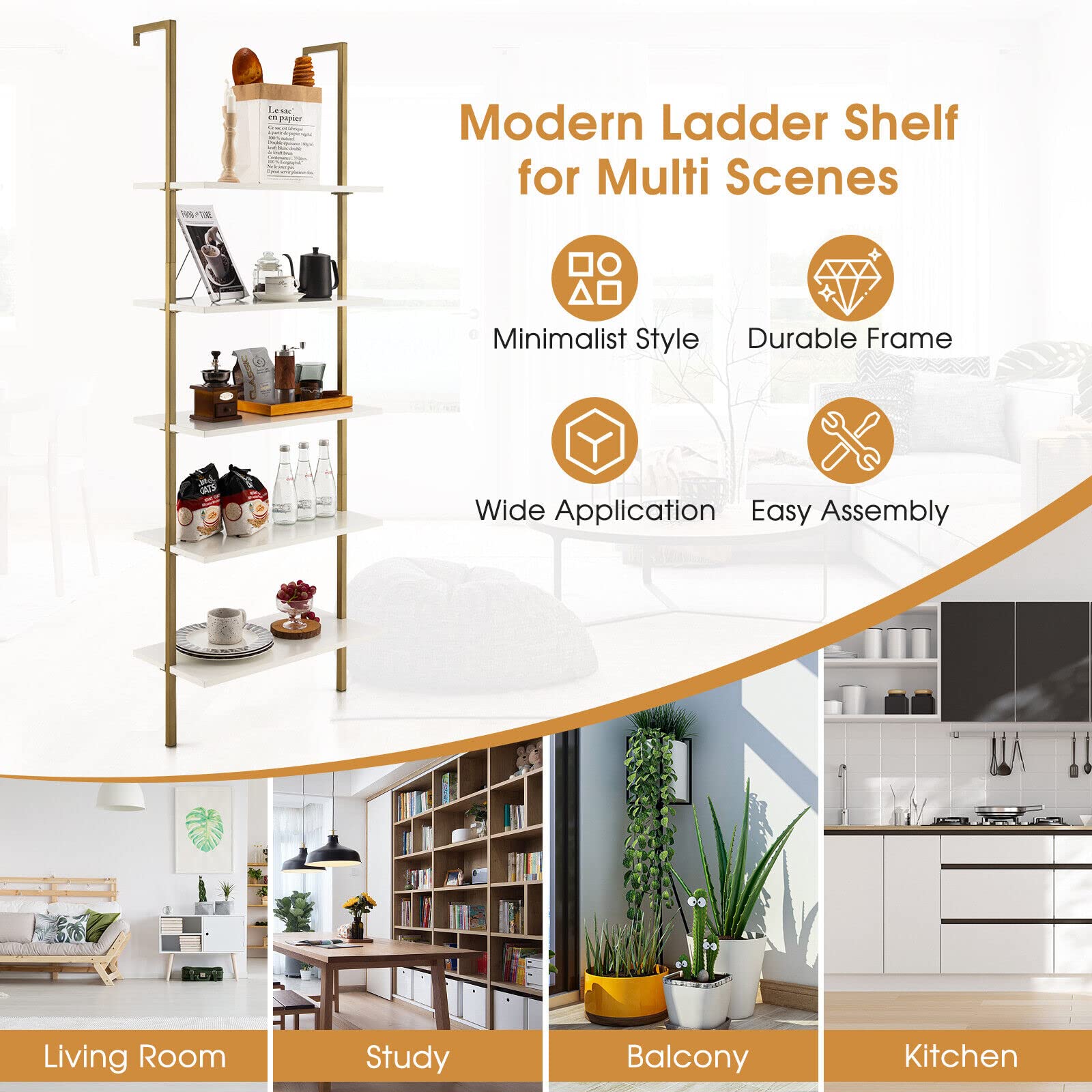 Giantex 5-Tier Ladder Shelf, Wall Mounted Bookshelf with Steel Frame, Elegant Bookcase