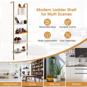 Giantex 5-Tier Ladder Shelf, Wall Mounted Bookshelf with Steel Frame, Elegant Bookcase