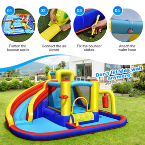 Inflatable Water Slide, 7-in-1 Outdoor Kids Water Bounce House Jumping Castle w/Combo Water Slide(with 680W Blower)