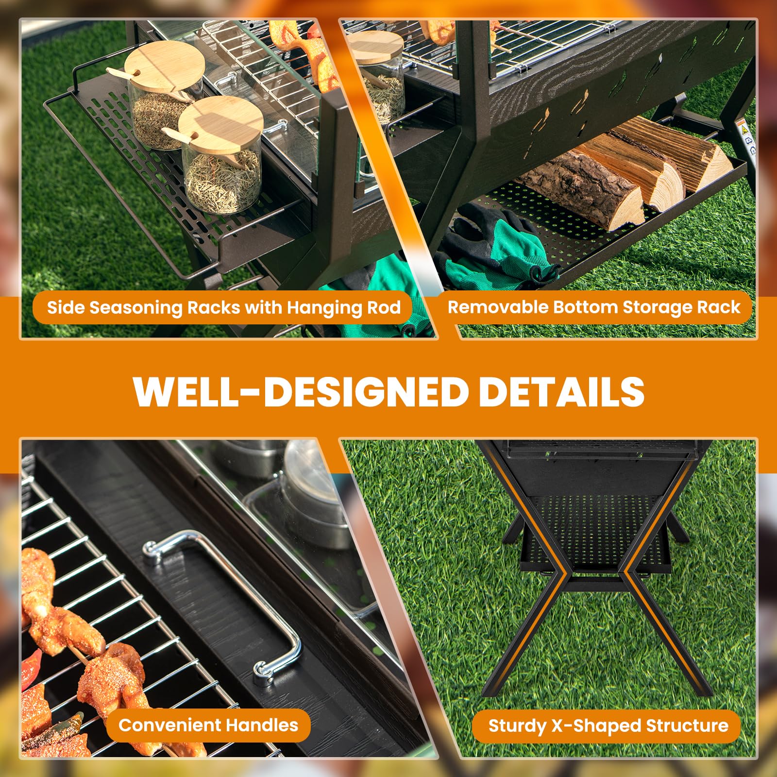 Barbecue Charcoal Grills, Stainless Steel Camping Grill w/Wind Guard