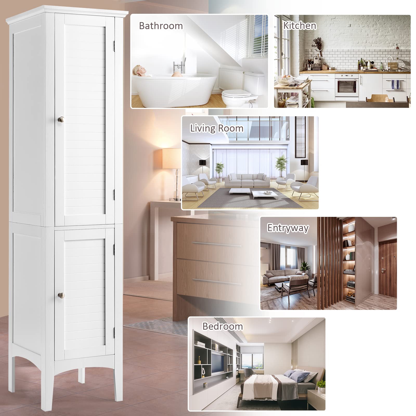 Giantex Bathroom Tall Storage Cabinet, 5-Tier Freestanding Tower Cabinet w/ 2 Shelves & Doors, White