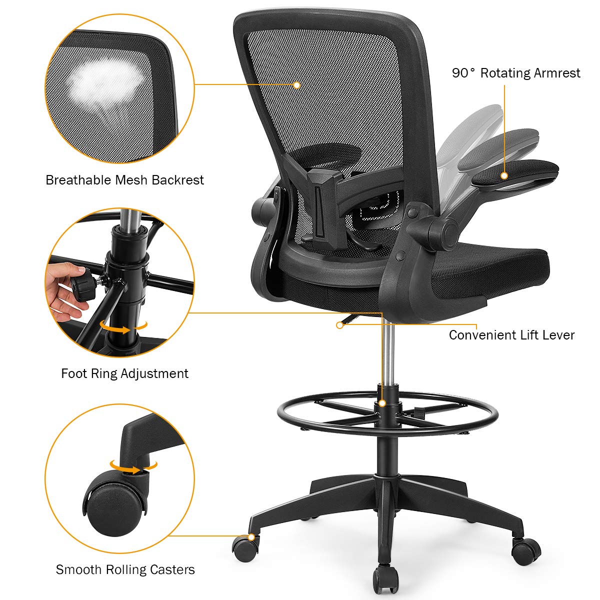 Adjustable Drafting Chair, 360° Swivel Designed Mesh Fabric Chair w/Lumbar Support