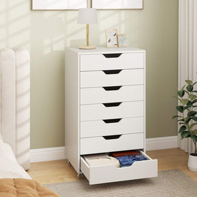 7-Drawer Storage Cabinet, Mobile File Organizer with 4 Universal Casters, Wooden Vertical Filing Dresser Chest on Lockable Wheels for Office, Study, Living Room, Bedroom