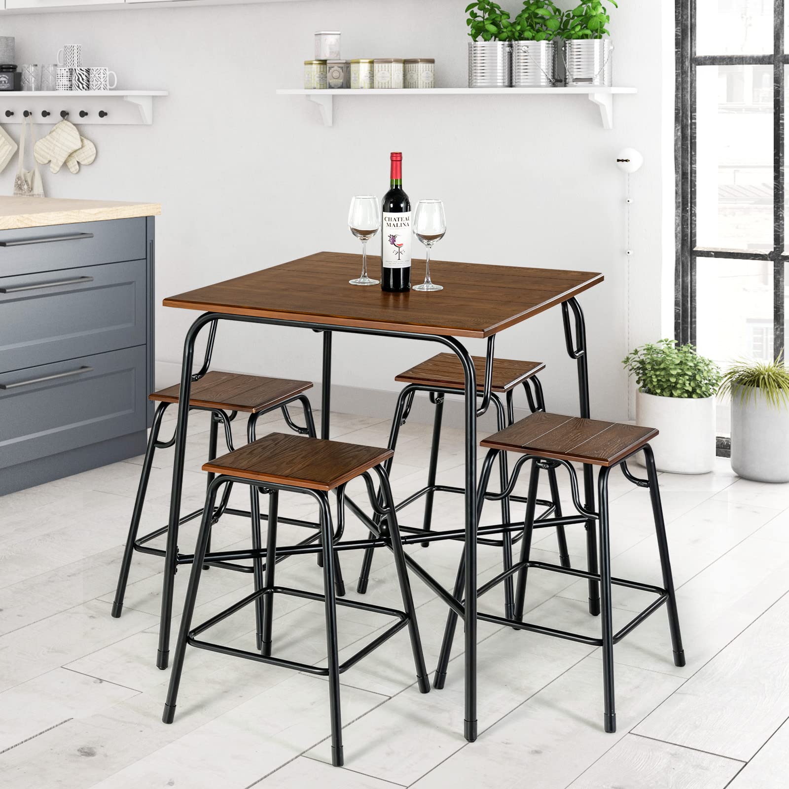 Giantex 5-Piece Bar Table Set, Vintage Counter Height Square Table w/ 4-Piece Classic Backless Stools, Rustic Brown