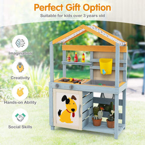 2 in 1 Wooden Mud Kitchen, Double Sided Outdoor Play Kitchen & Grocery Store w/Removable Water Box & Sink