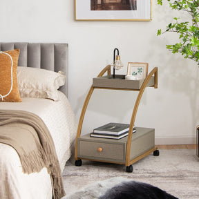 Giantex Rolling Side Table, 2-Tier End Table w/Drawer, C-Shaped Sofa Side Table, Grey & Gold