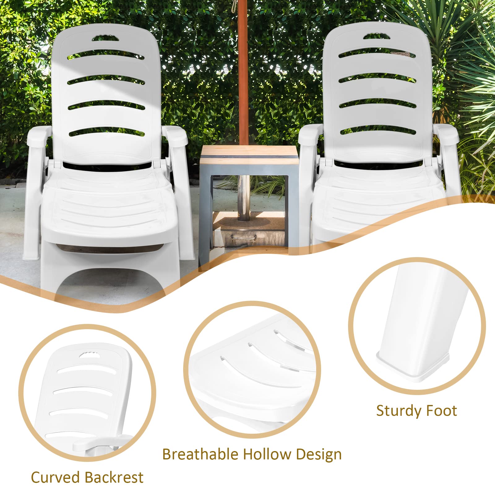 Giantex Folding Camping Lounge Chair, Portable Rolling Recliner w/Wheels, 5 Adjustable Positions, White