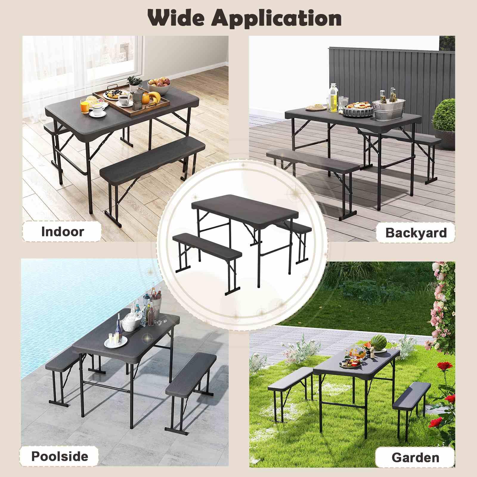 Outdoor Table Bench Set, Folding Picnic Table Set w/ 2 Benches, All-Weather HDPE Tabletop