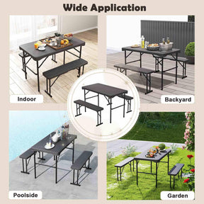 Outdoor Table Bench Set, Folding Picnic Table Set w/ 2 Benches, All-Weather HDPE Tabletop