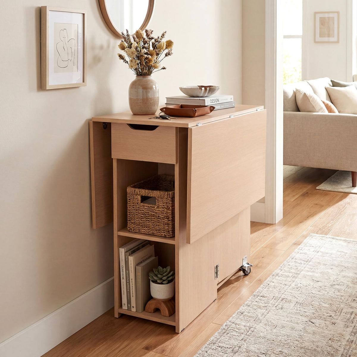 Folding Dining Table for 2-4, Space Saving Kitchen Table Drop Leaf with 2 Open Shelves & Drawer