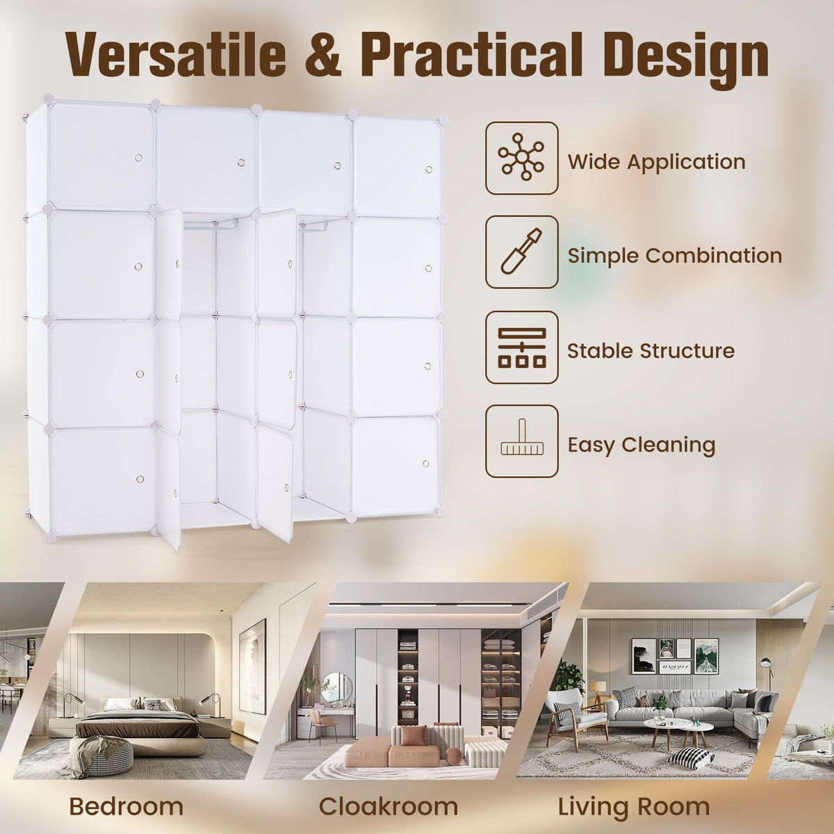 16-Cube Storage Organizer, DIY Modular Closet Storage Cabinet with Hanging Poles for Clothing