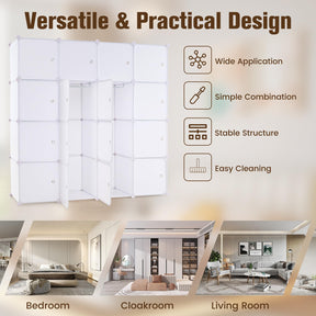 16-Cube Storage Organizer, DIY Modular Closet Storage Cabinet with Hanging Poles for Clothing