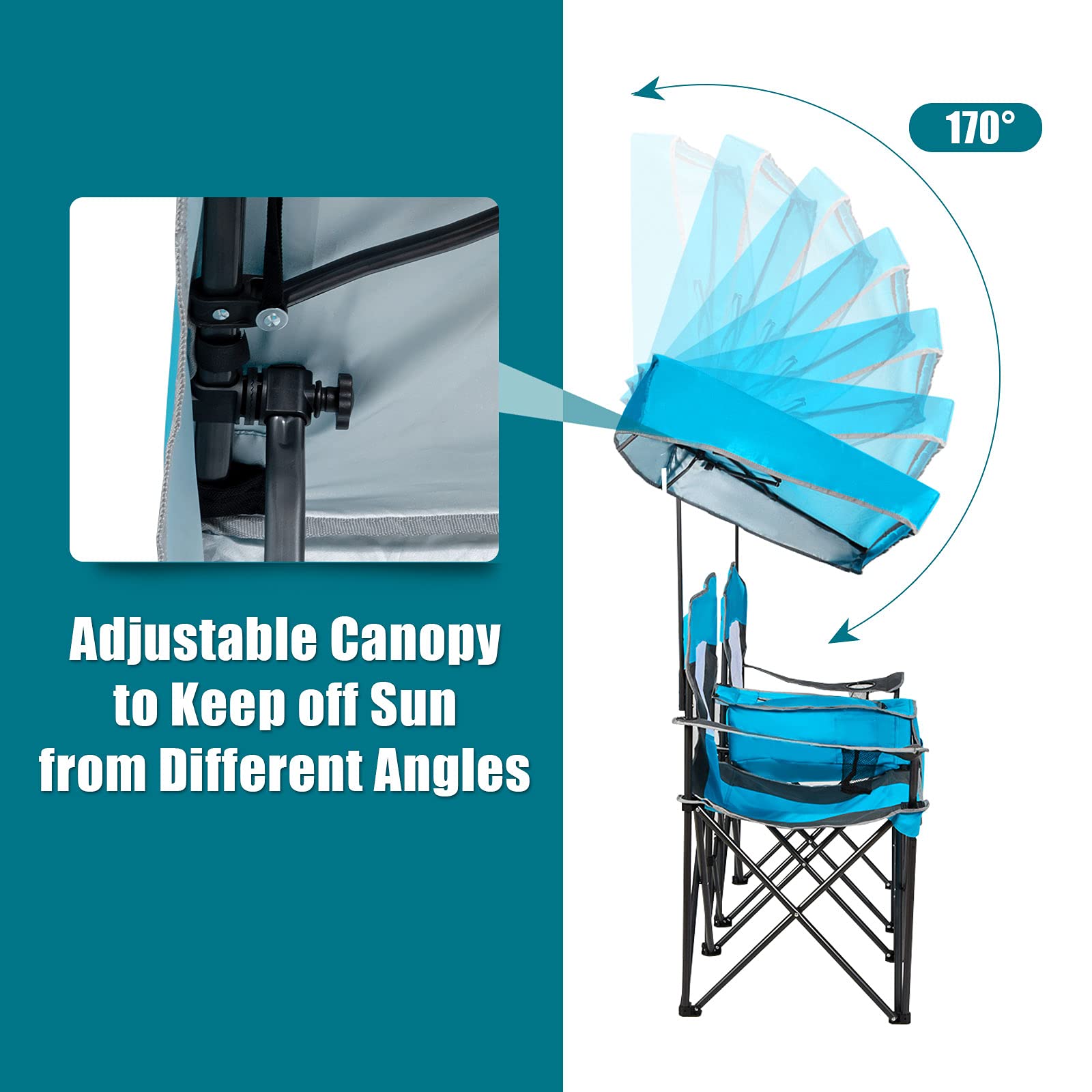 Double Folding Canopy Chair, Outdoor 2-Person Camping Seat with Adjustable Sun Shade