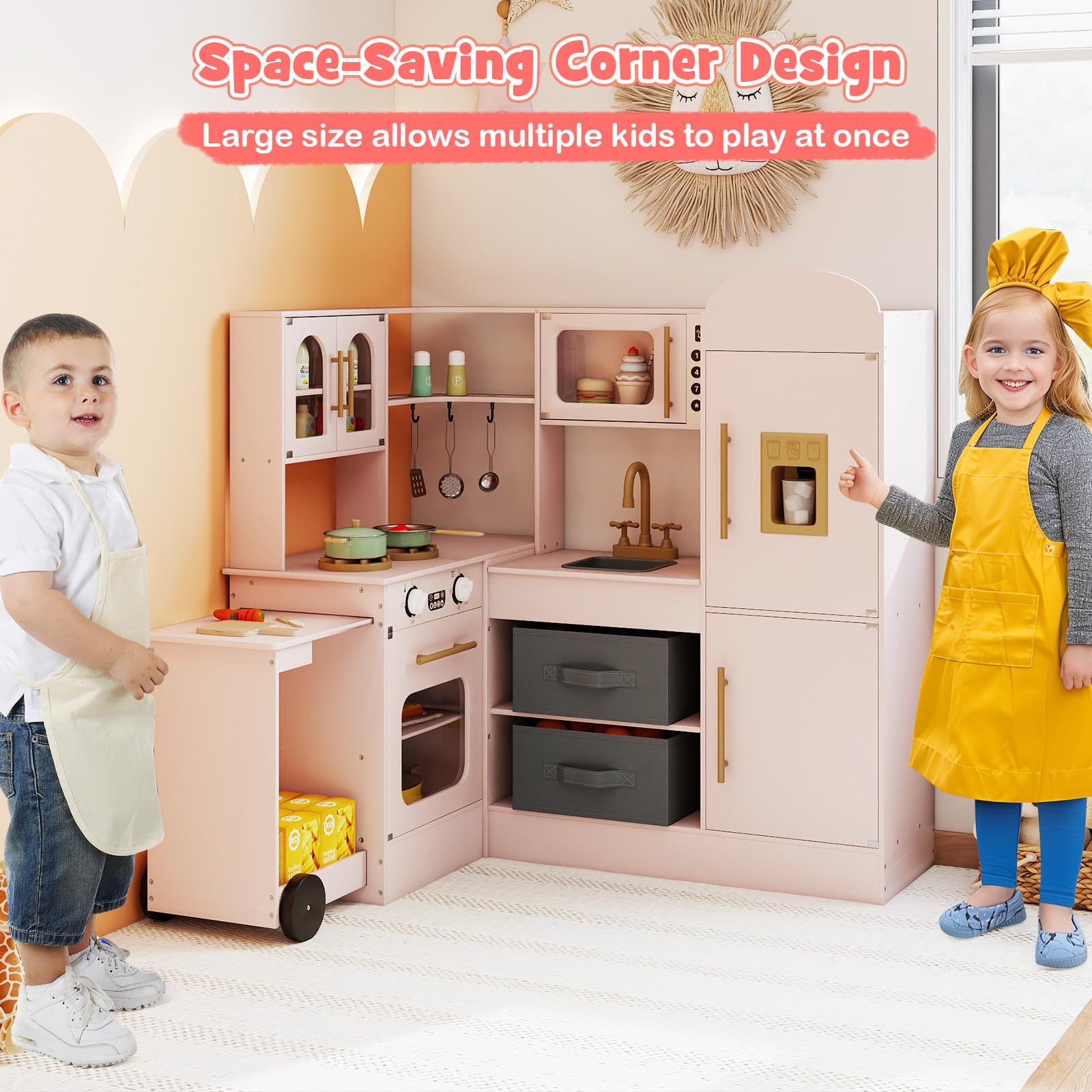 Corner Kitchen with Lights and Sounds, Interactive Wooden Playset w/Retractable Countertop