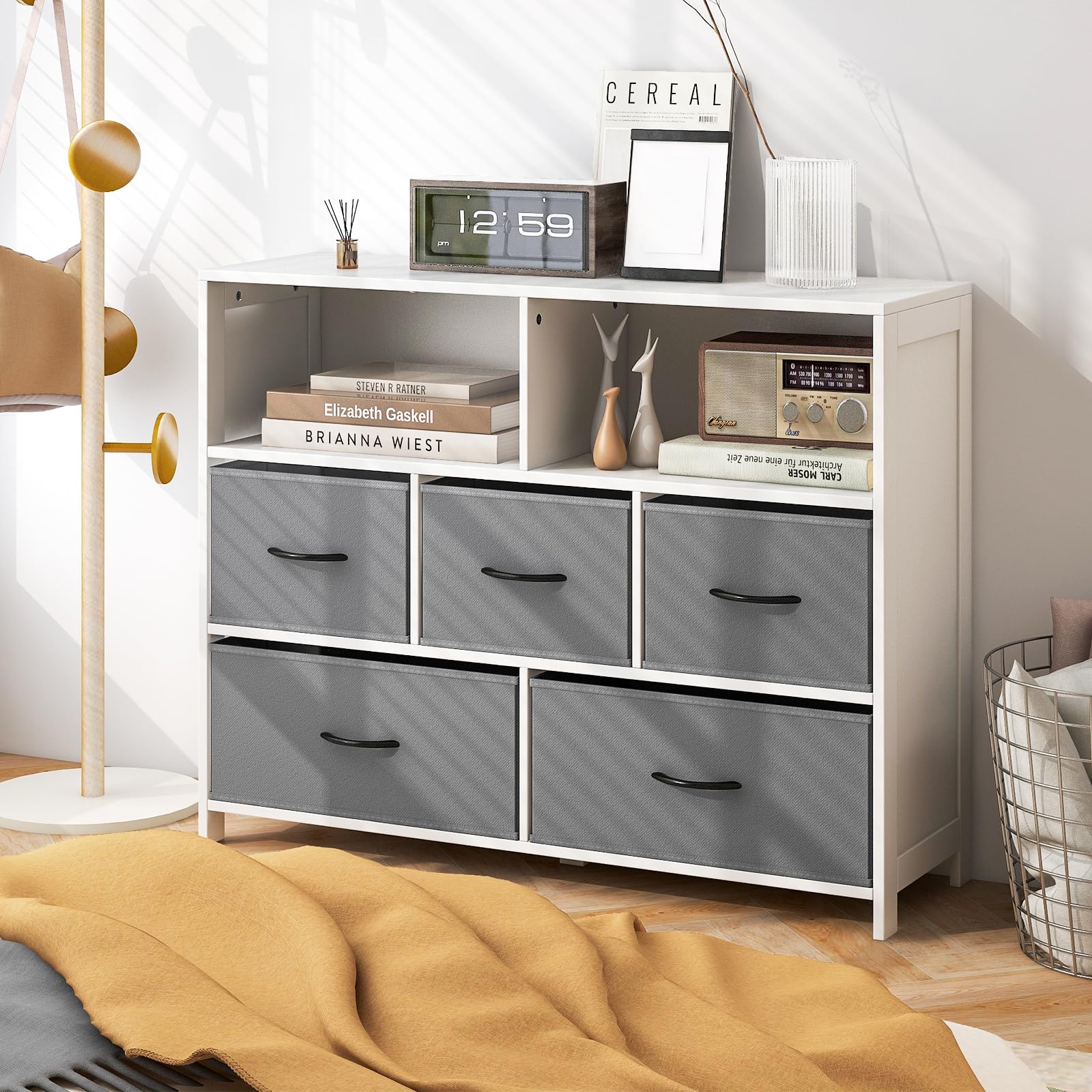 Giantex Fabric Dresser for Bedroom, Wide Chest of Drawers w/ 5 Drawers