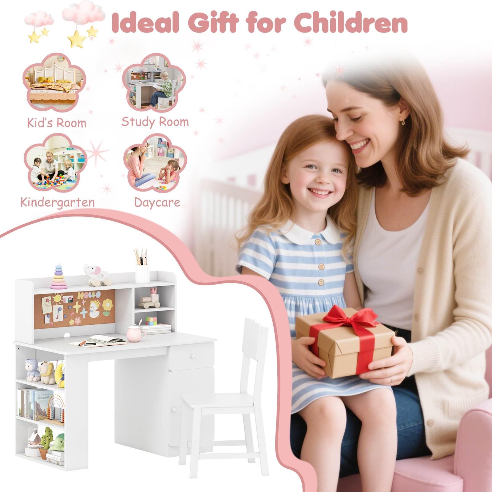 Kids Desk and Chair Set, Children Study Desk with Chair, Hutch & 3-Layer Side Shelf