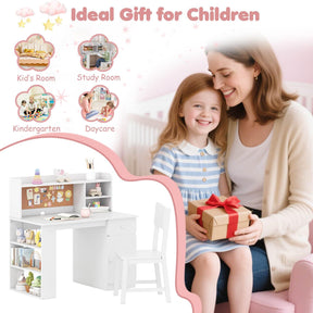 Kids Desk and Chair Set, Children Study Desk with Chair, Hutch & 3-Layer Side Shelf