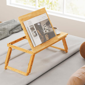 Giantex Bamboo Laptop Lap Tray w/Adjustable Legs & Tilting Heat-Dissipation Top