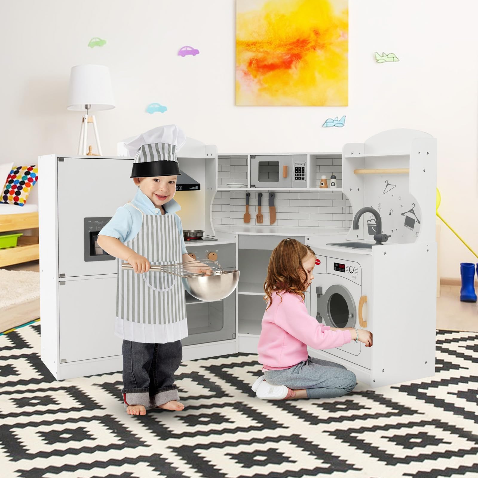 Corner Play Kitchen, Toddler Kitchen Playset with Range Hood, Ice Maker, Microwave, Oven, Sink, Washing Machine
