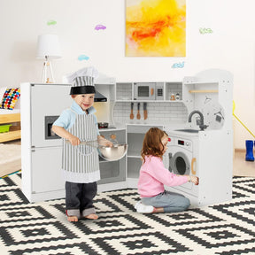 Corner Play Kitchen, Toddler Kitchen Playset with Range Hood, Ice Maker, Microwave, Oven, Sink, Washing Machine