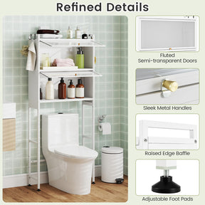 166 cm Over-the-toilet Cabinet, Bathroom Organizer w/ 2 Flip-up Cabinets, See-through Fluted Doors