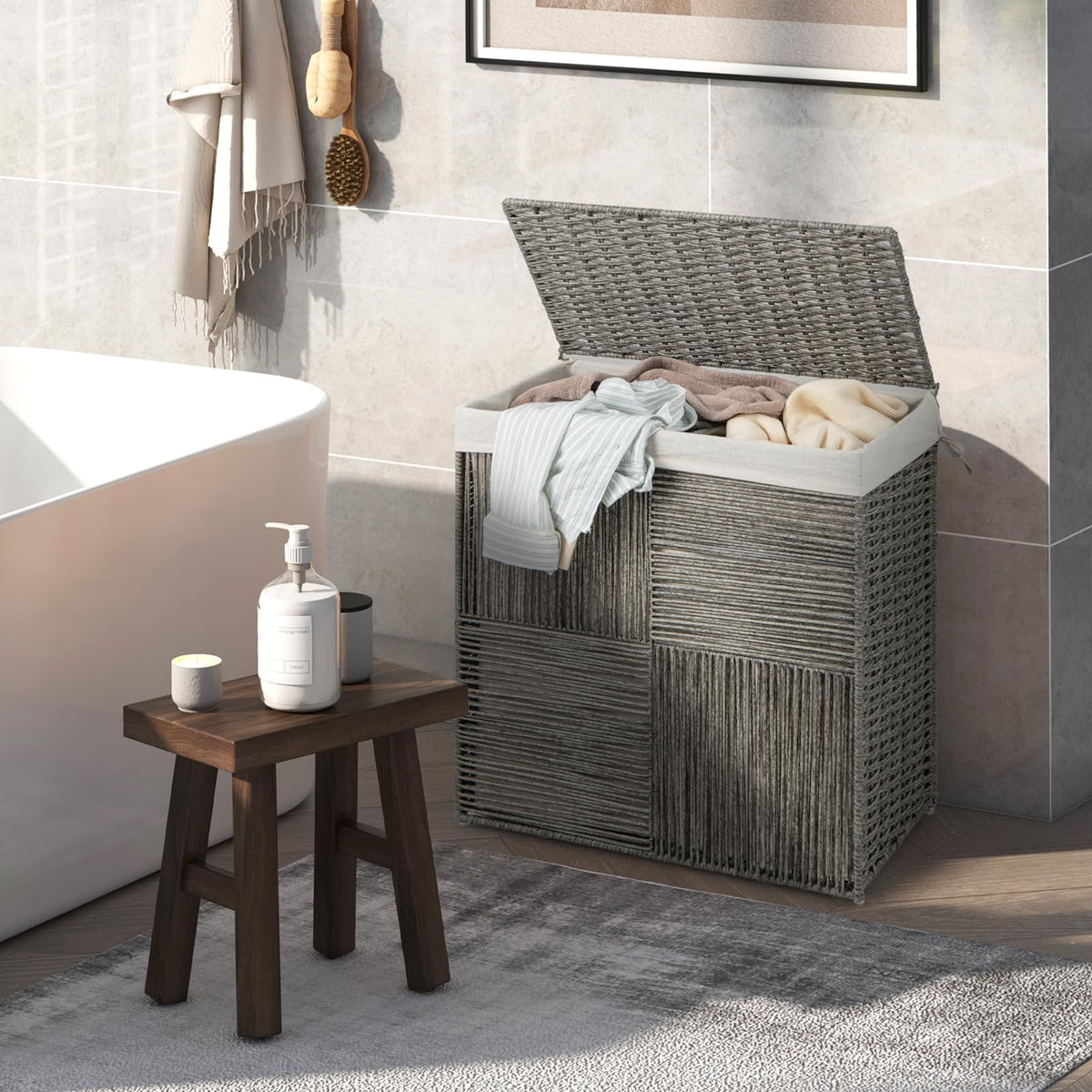 110 L Laundry Hamper with Lid, Hand-woven Rattan Laundry Basket with Convenient Handles & Removable Liner Bag