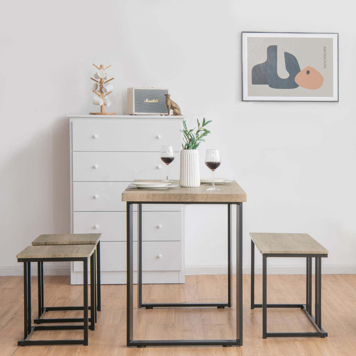 4 Piece Dining Table Set, Counter Height Table Set w/One Long Bench & Two Stools for 4