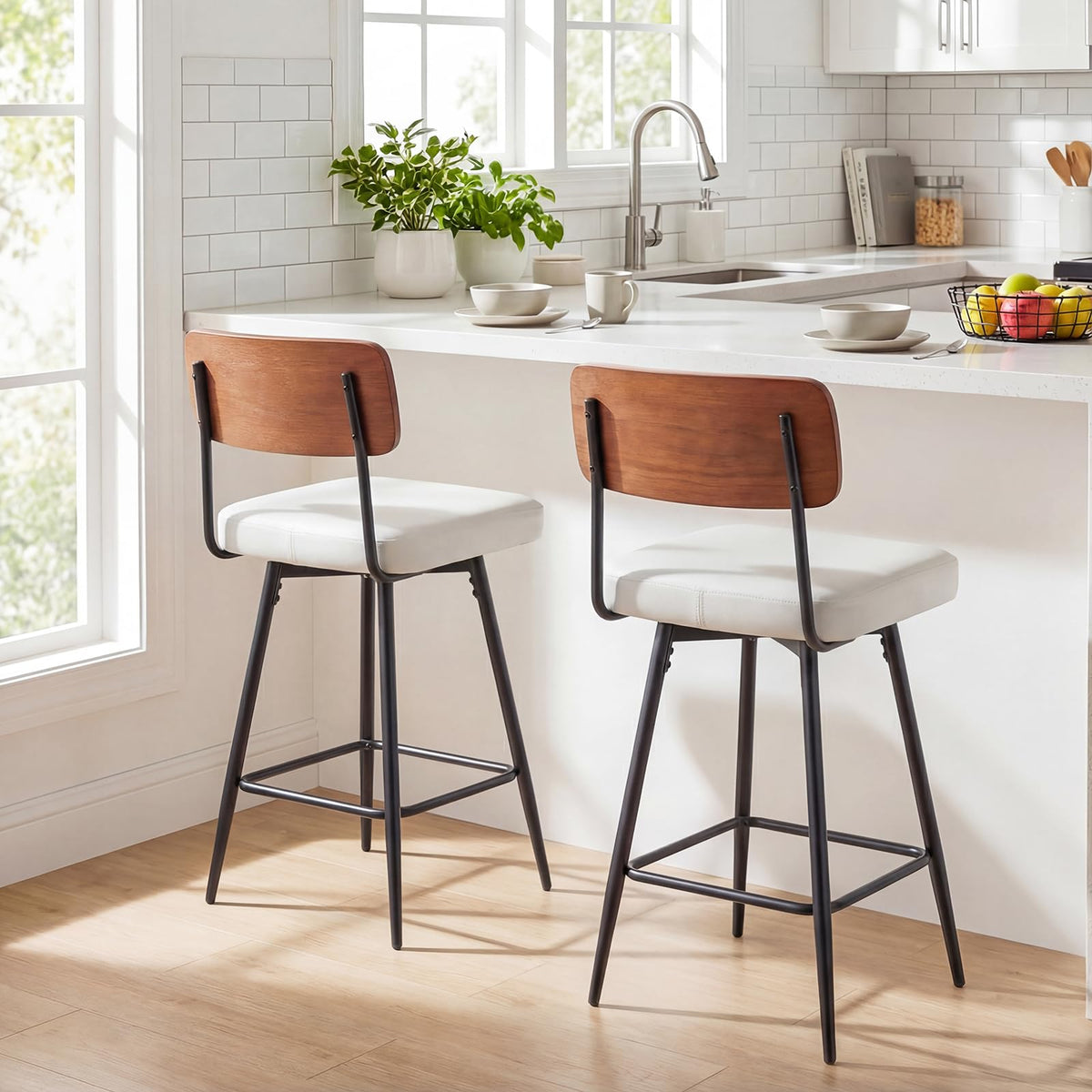 Padded Counter Barstools Set of 2, 360° Swiveling Counter Height Chairs with Wooden Backrest & Metal Legs