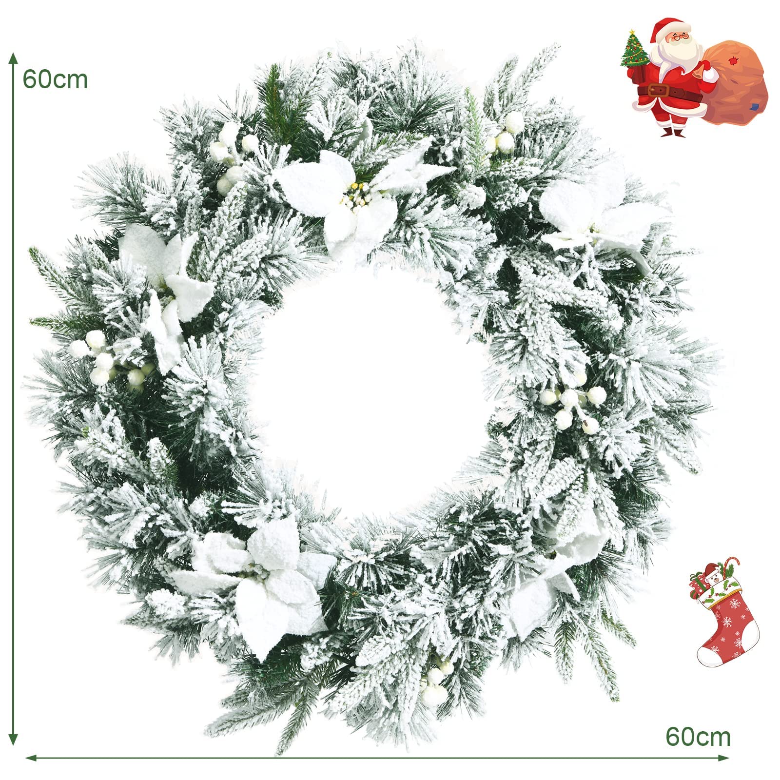 Christmas Wreath, 60CM/24 Inch Pre-Lit Snow Flocked Xmas Wreath