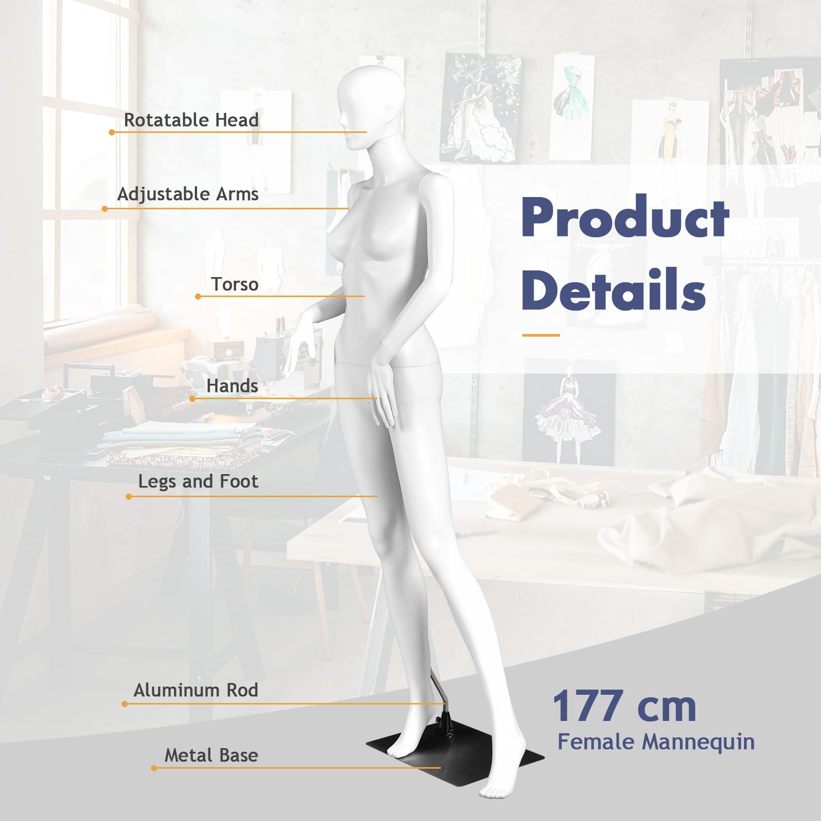 177 cm Female Mannequin, Adjustable & Detachable Manikin with Stable Iron Base