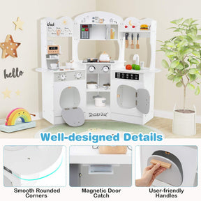 Corner Wooden Play Kitchen, 18 PCS Pretend Kitchen Playset w/Coffee Machine, Slide, Microwave, Oven
