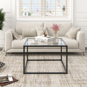 Giantex Glass Coffee Table with Storage, 70cm Modern 2-Tier Square Coffee Table with Mesh Shelf